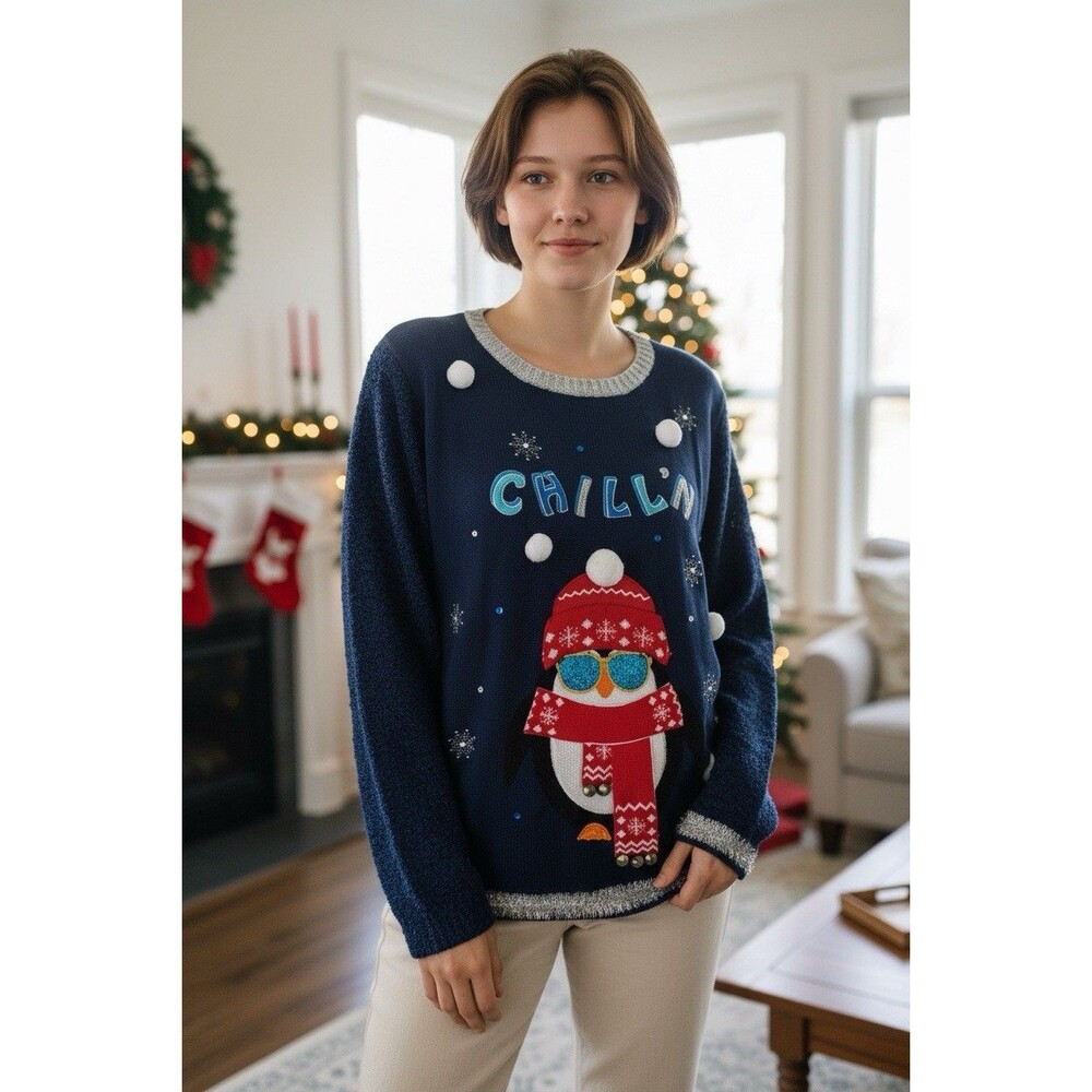 Holiday Time Woman's Penguin "Chill'n" Light-Up Ugly Christmas Sweater Size XL